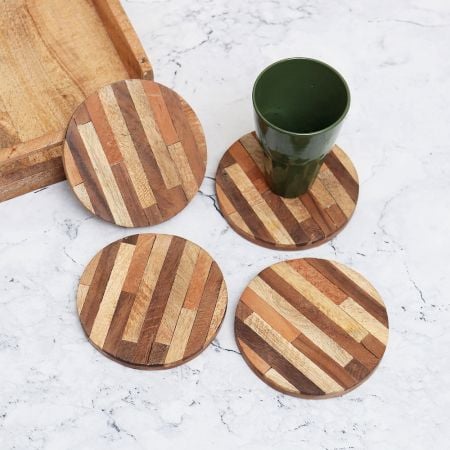 Antique Brown Circle Wooden Coasters - Pack of 4